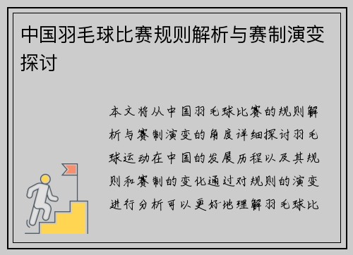 中国羽毛球比赛规则解析与赛制演变探讨