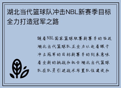 湖北当代篮球队冲击NBL新赛季目标 全力打造冠军之路